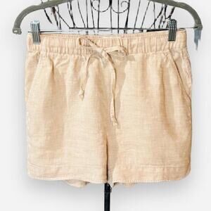 Cynthia Rowley 100% Linen Tan Shorts Small Drawstring Embroidered Pocket Trim 